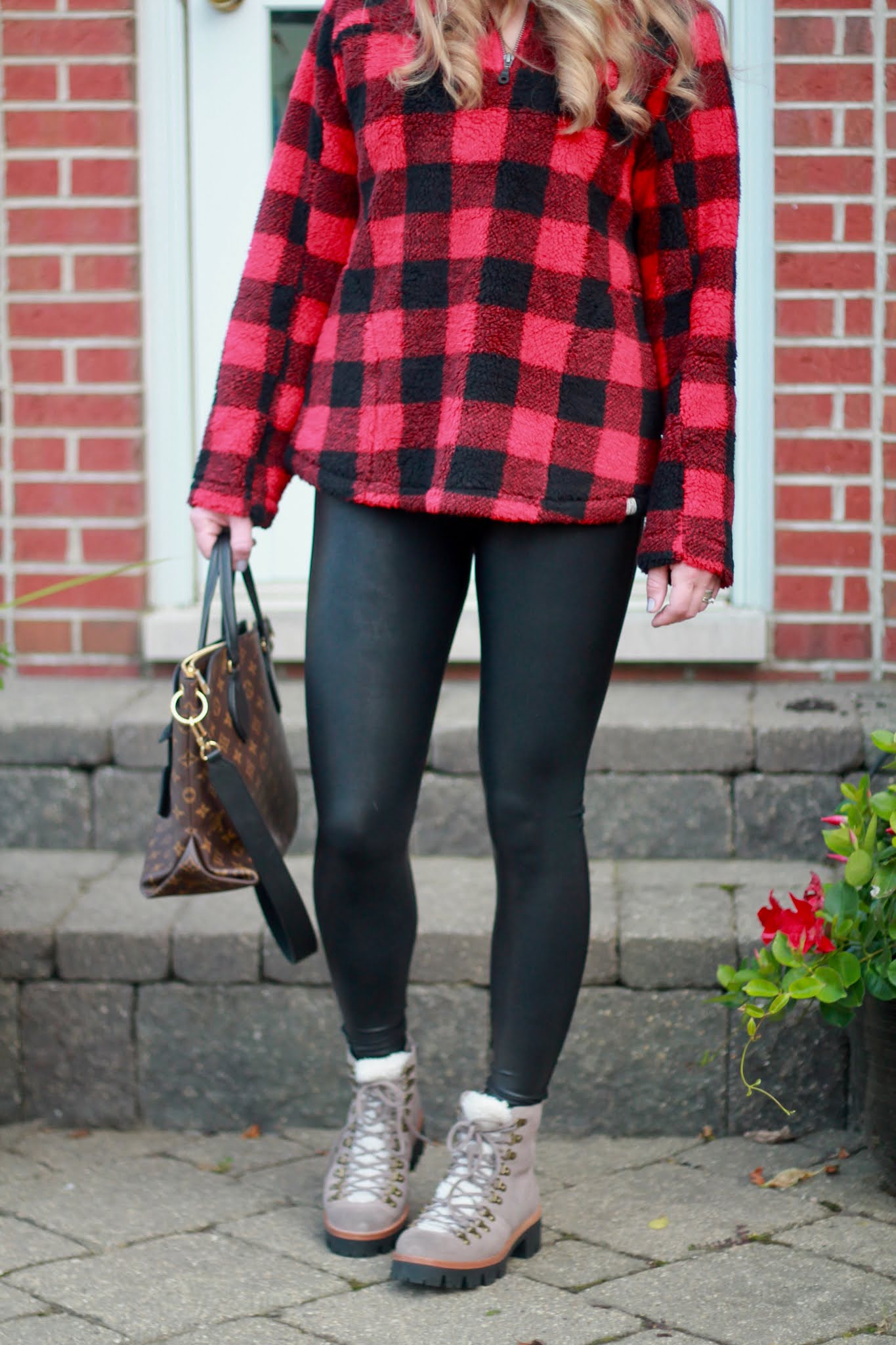 BuffalHO HO HO Plaid & Confident Twosday Linkup red buffalo plaid quarter zip, leather leggings, winter leather leggings outfit, grey sherpa combat boots,