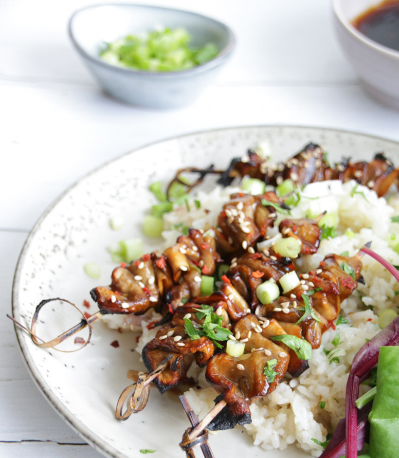 vegane Spieße aus Pilz & Aubergine