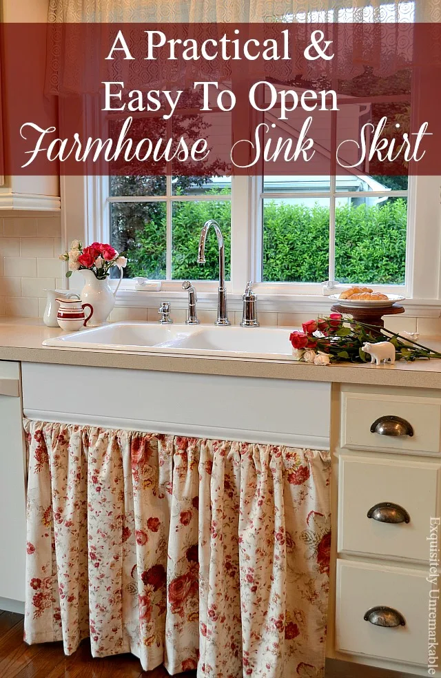 A Practical & Easy To Open Farmhouse Sink Skirt text over pic of sink skirt