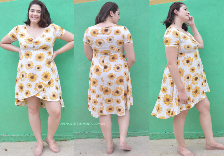 Sunflower Print Mock Button Overlap Dress