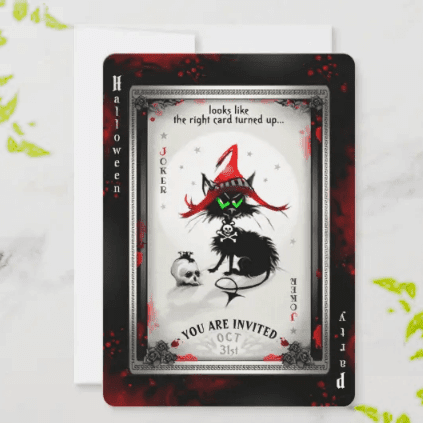 halloween black cat playing card invite