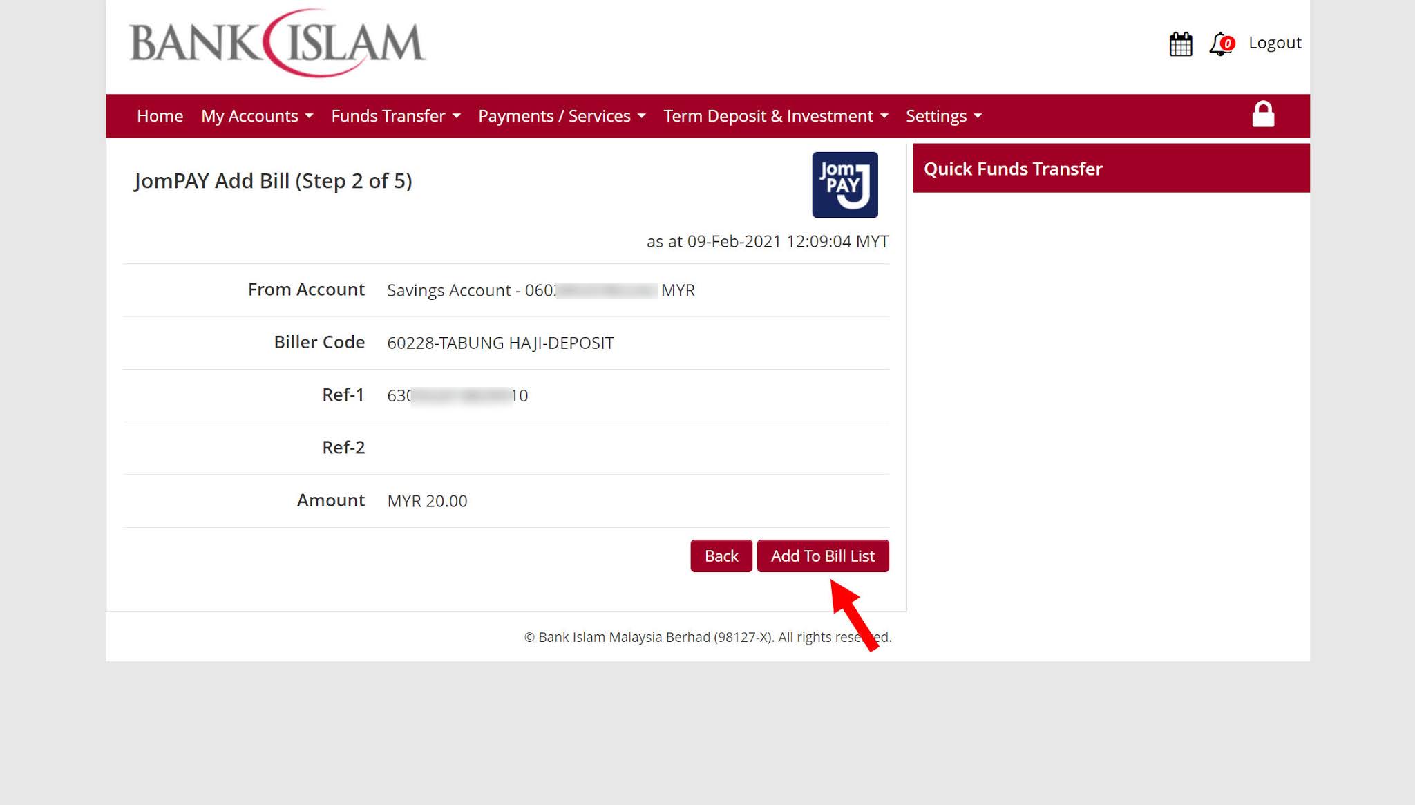 Tabung biller haji code Cara Transfer