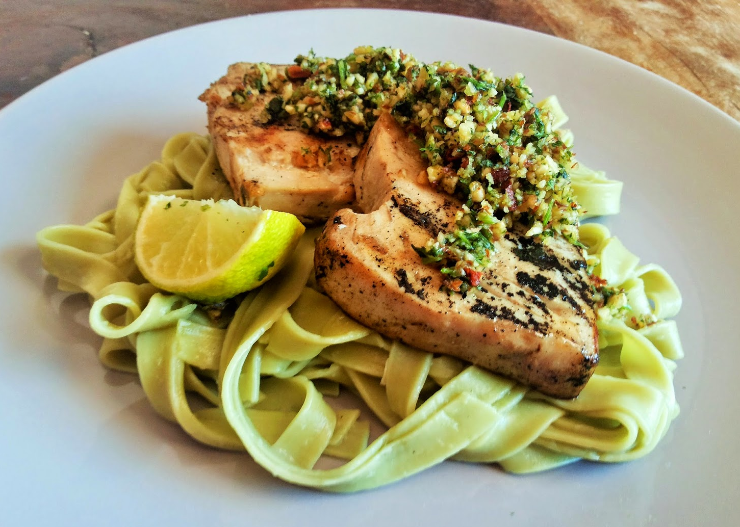 Spicy Tuna Steak with Spinach Tagliatelle Recipe