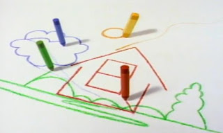4 crayons draw a house, sun and rainbow. Sesame Street Episode 4070, Season 35