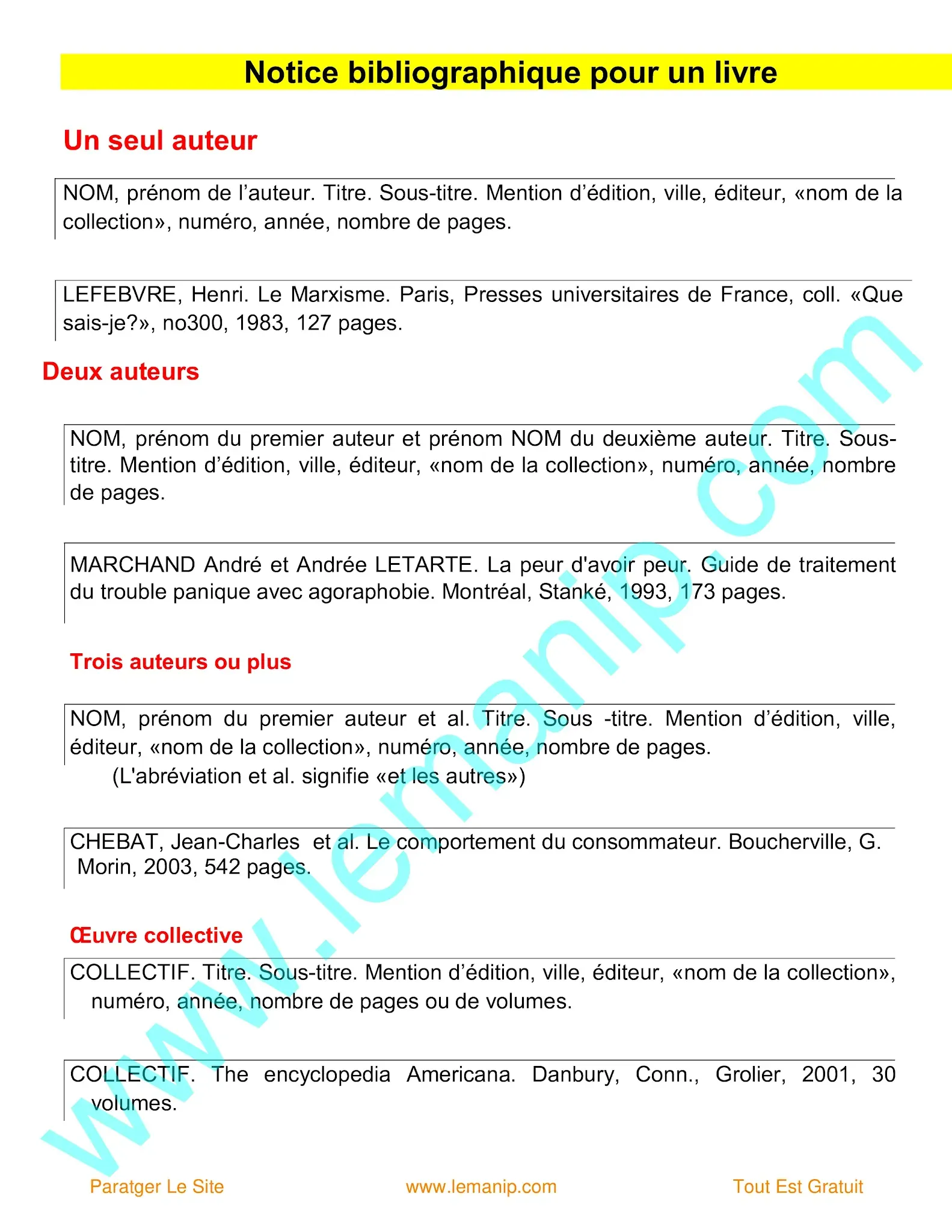 Notice bibliographique pour un livre