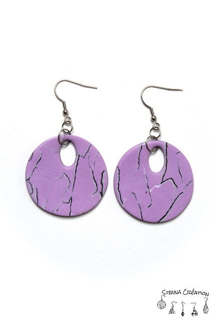 Boucles oreilles pâte polymère WaterColor Mosaic Violet gris Stenna Création Fimo Cernit 