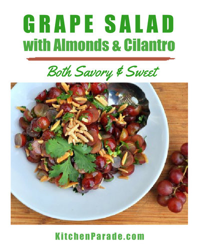 Grape Salad with Almonds & Cilantro ♥ KitchenParade.com, an unusual fruit salad (grapes, mango, apples, etc), savory and sweet at the same time.