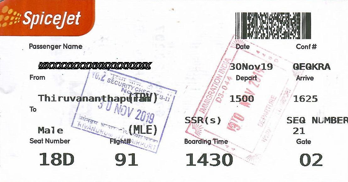 The traveler's drawer SPICEJET. Boarding card for the flight 91 from
