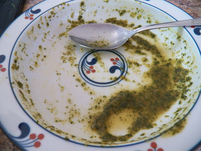 Spinach Soup with Ravioli - empty bowl