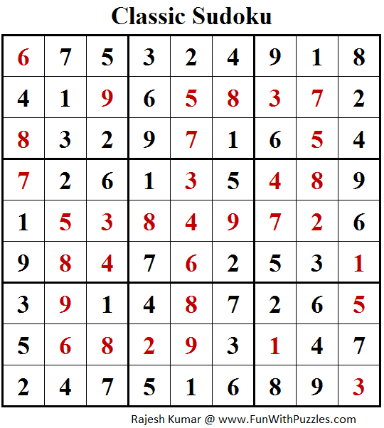 Classic Sudoku Puzzle (Fun With Sudoku #204) Solution