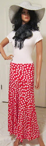 Ladies red and white polka dot stretch knit jerey maxi skirt