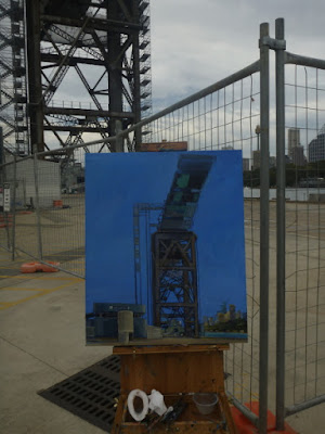 Plein air painting of the Hammerhead Crane before its demolition at Garden Island painted by industrial heritage artist Jane Bennett
