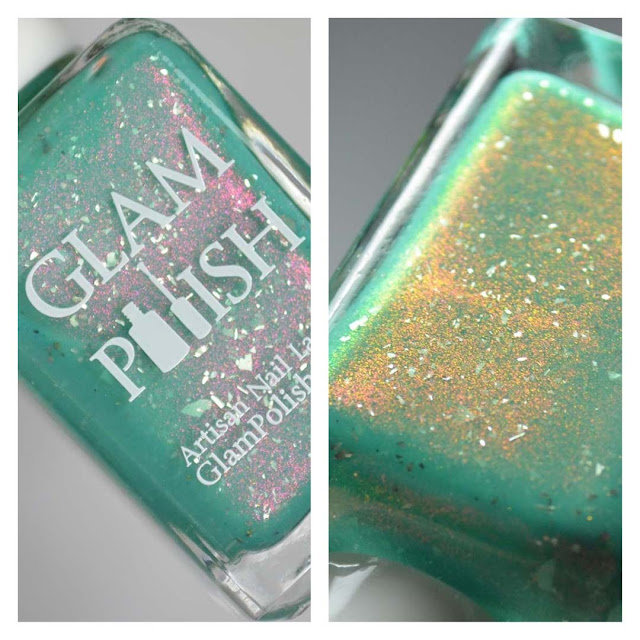 green nail polish with shimmer in a bottle