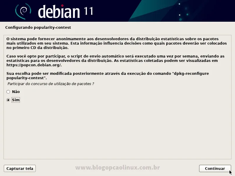 Escolha se você deseja ou não participar do "Concurso de utilização de pacotes"
