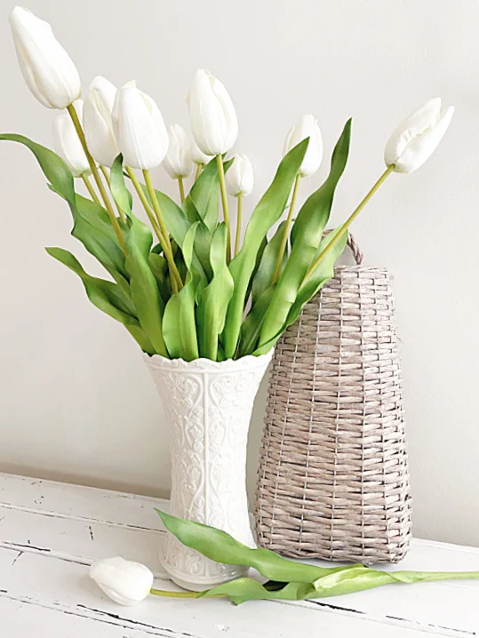 faux tulips and a basket