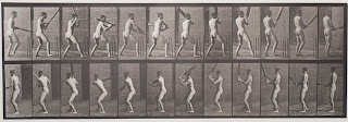 A series of photographs of a nude man swinging a cricket bat.