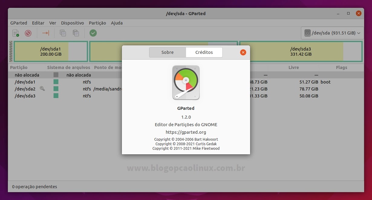 GParted executando no Ubuntu 21.10 (Impish Indri)