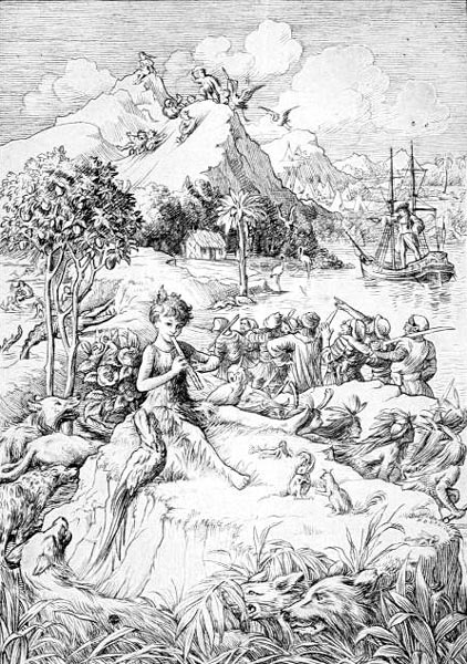 engraving of a boy in animal skins sitting on a mound and playing a flute; animals surround him and behind him are pirates, a ship, a mountain, birds, and more