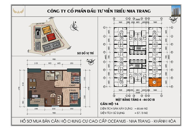 Mặt bằng Căn 14 Chung Cư OC1B Mường Thanh Viễn Triều Nha Trang