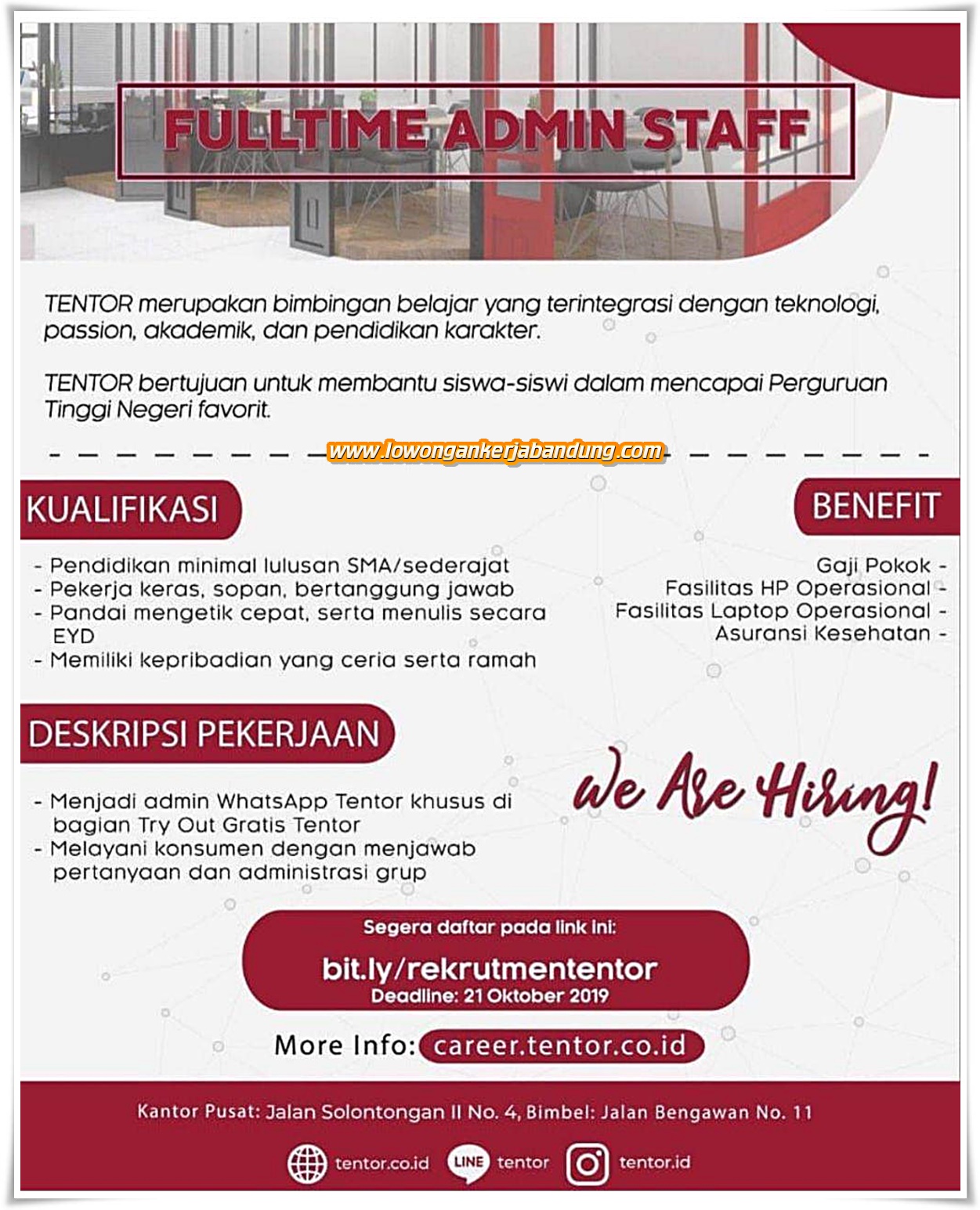 Lowongan Kerja Bandung Full Time Admin Staff Tentor.co.id - Loker