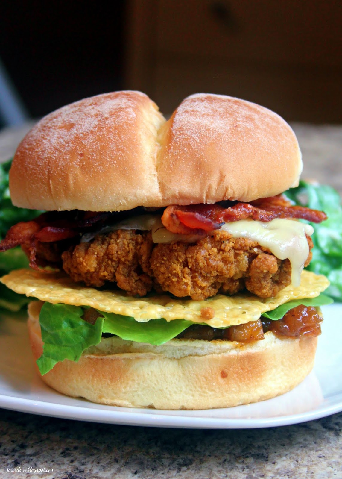 Jo and Sue: Jarlsberg Spicy Chicken Bacon Burger
