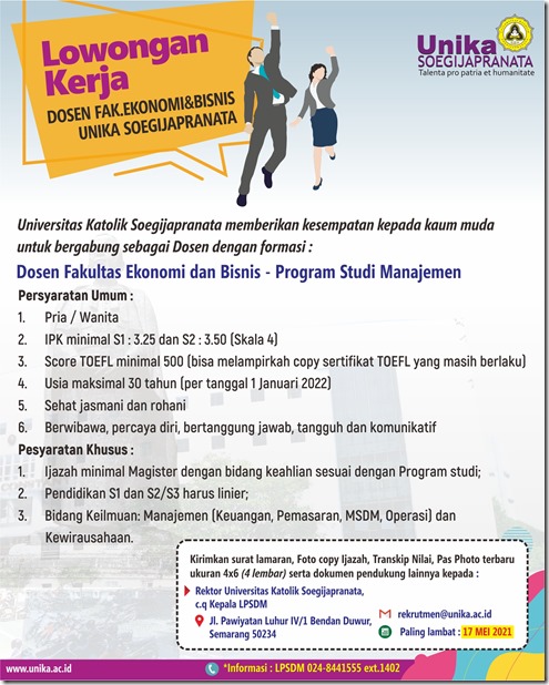 Lowongan Kerja Dosen Unika Soegijapranata Lowongan Kerja Dan Rekrutmen Bulan Juni 2021