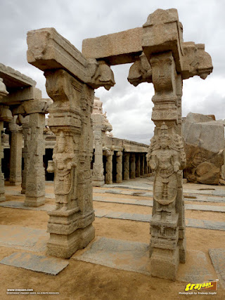 Beautifully carved pillars in the unfinished Kalyana Mandapa, or Marriage Hall inside the Veerabhadra Swamy Temple complex at Lepakshi, in Andhra Pradesh, India