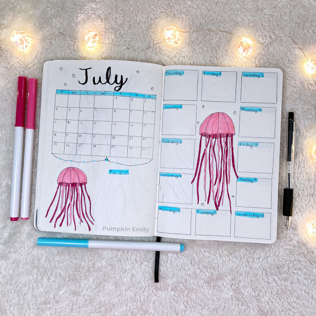 July journal calendar and weekly spread