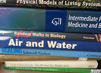 The pile of books that I used as props during my online talk, including Intermediate Physics for Medicine and Biology.