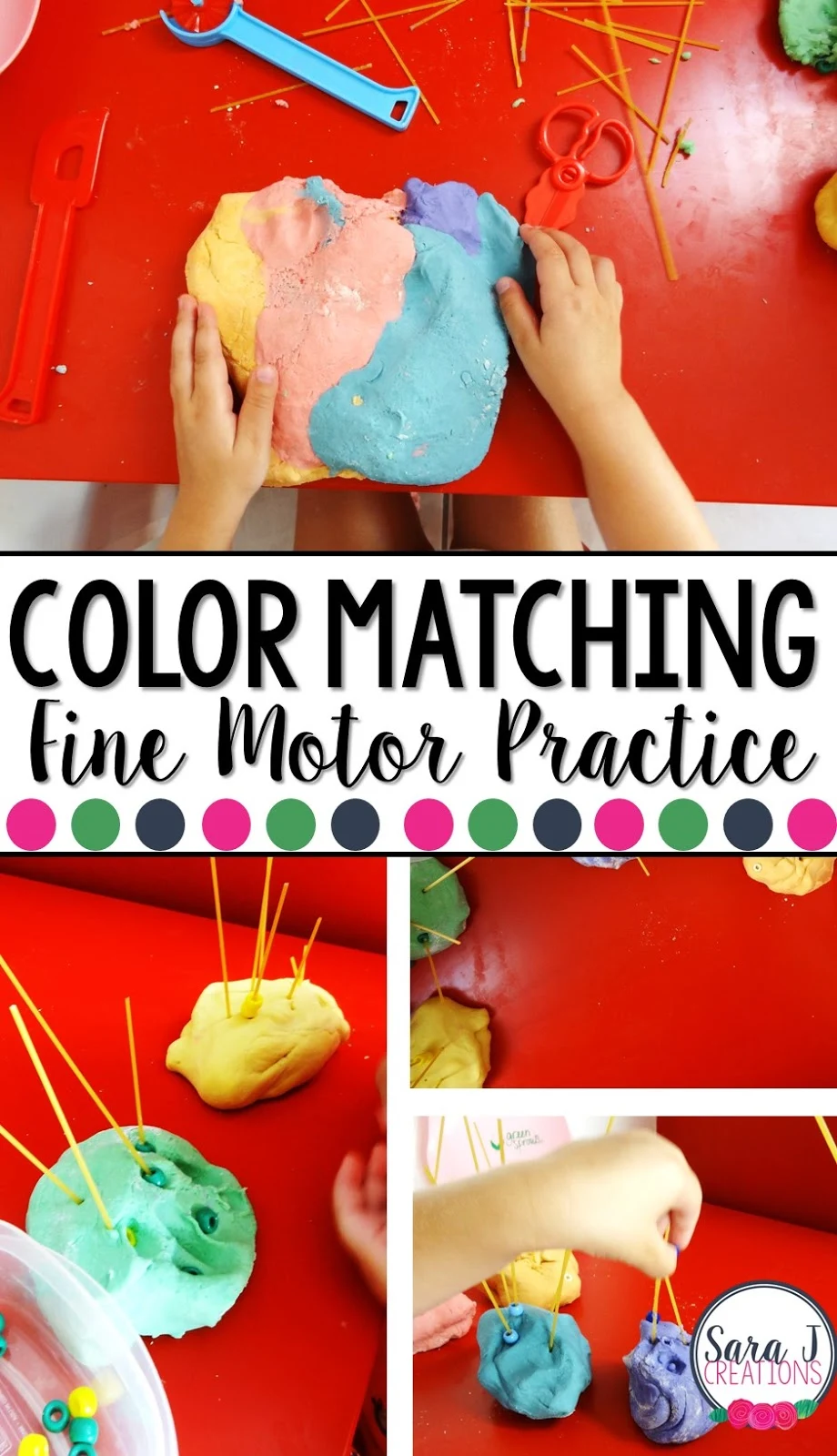 Playdough is such a fun way to practice fine motor skills and practice matching colors at the same time.  I loved this idea and we had our own spin on it.