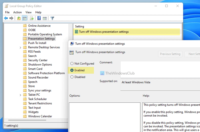 Windows 11/10에서 Windows 프레젠테이션 설정을 비활성화하는 방법