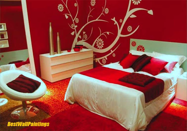 Red Bedroom Wall With beautiful Paintings