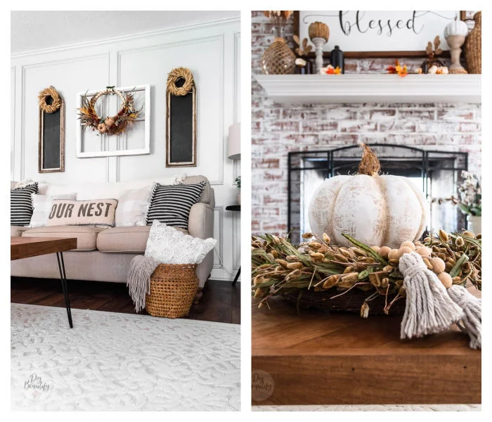 living room sofa with cozy fall pillows and wreath, fireplace with farmhouse pumpkin on coffee table