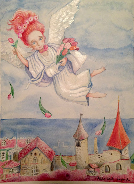 #AideArt #AideLL #watercolor #angel #haapsalu #castle #drawing #painting #art #illustration #childrenillustration #botticelliinspired