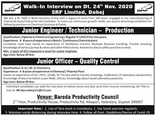 SRF Limited, Dahej Walk-In Interview For Junior Engineer / Technician Qualification ITI, Diploma, B.Sc/M.Sc Candidates