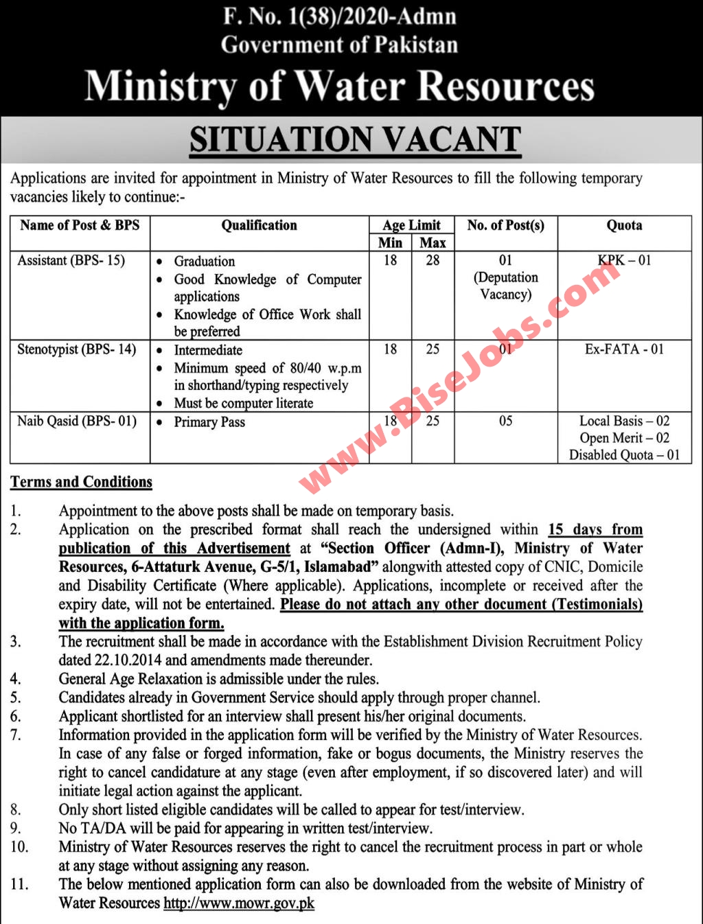 Ministry of Water Resources Jobs 2021 Application Form Download Latest Jobs in Pakistan 2022