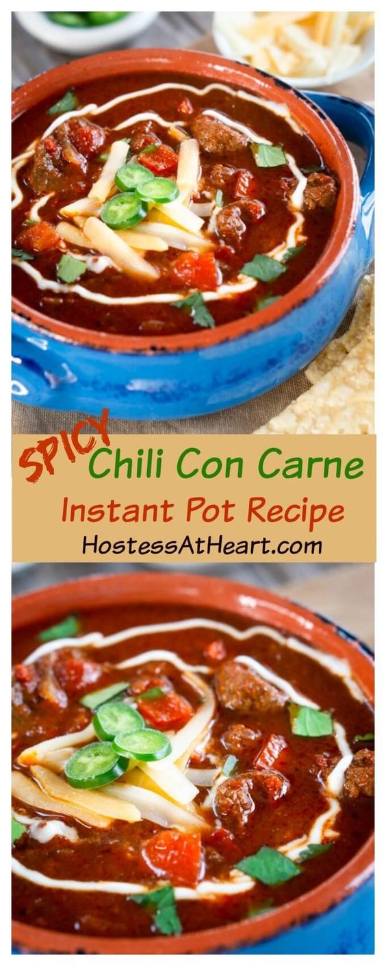 Spicy Chili Con Carne is an easy instant pot stew recipe that is loaded with meat in a warm thick sauce. It's perfect for a weeknight meal. #instantpot #pressurecooker #healthy #easyrecipes #FreakyFridayRecipes #mexicanrecipes #healthyrecipes #30minutemeal #hostessatheart 