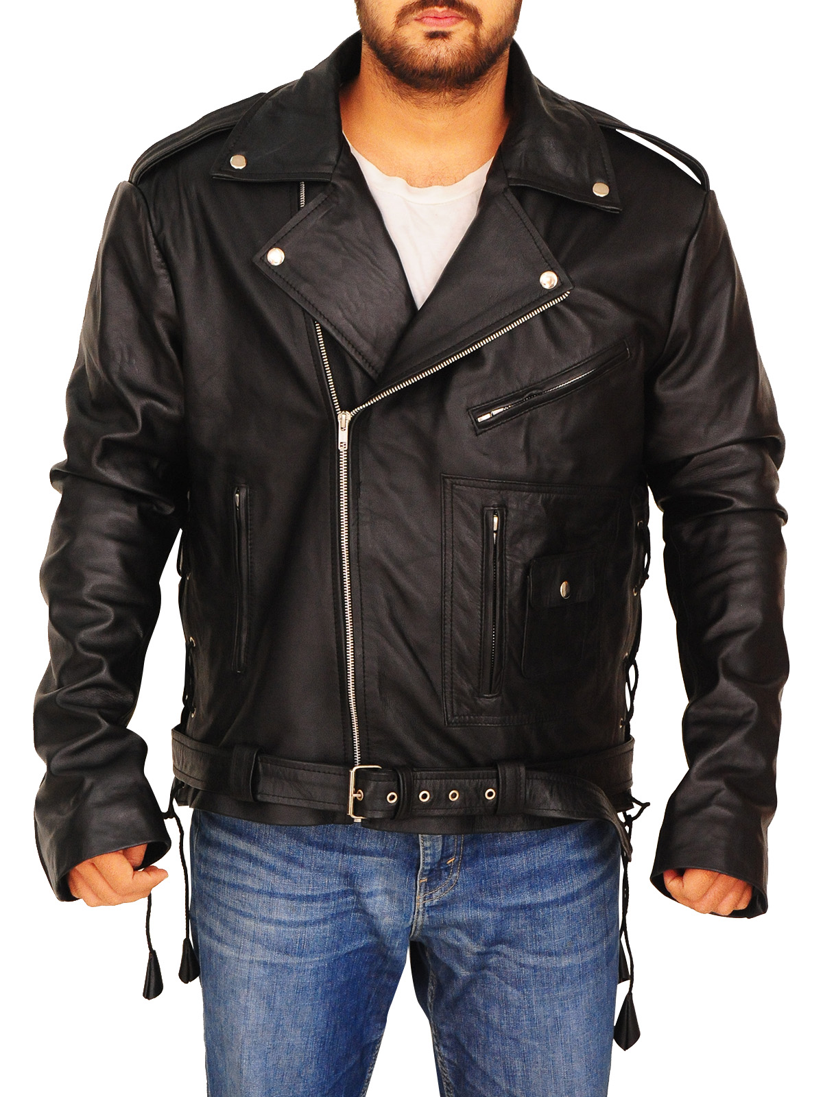 Black Waist Belted Leather Jacket