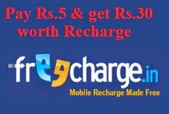 Recharge your Phone worth Rs.30 for Rs.5 Only @ Freecharge (Valid for Smartphone or Tablet Users)  Valid till 3rd Sep’14