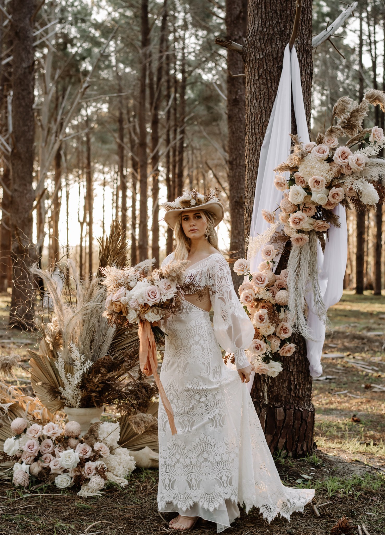 sandie bertrand photography earthy bridal bouquet boho bridal gowns styling florals luxe bohemian vibes