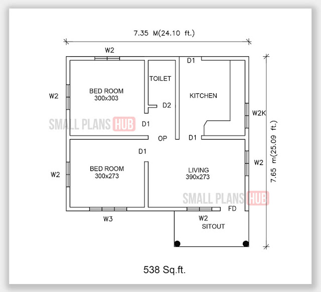 538 Sq.ft.2 Bedroom Single Floor Plan and Elevation