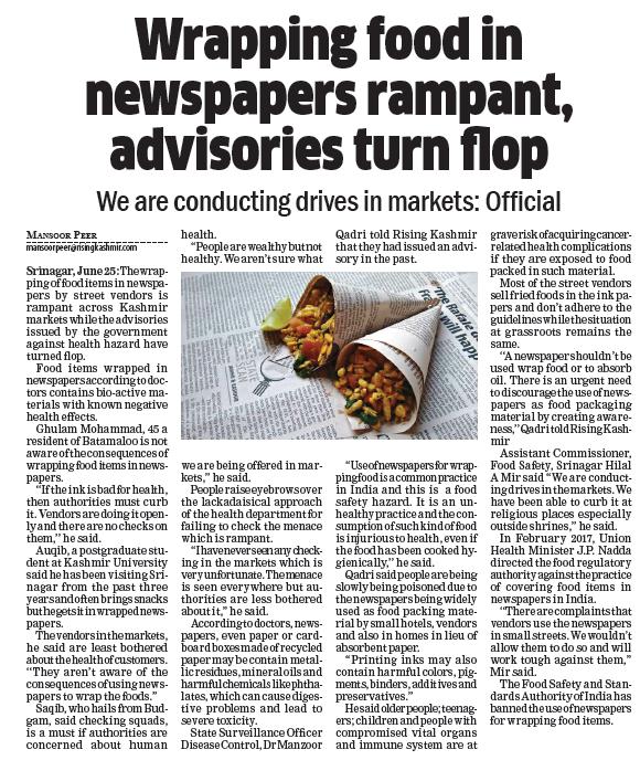 FOOD SAFETY LATEST Wrapping food in newspapers rampant, advisories