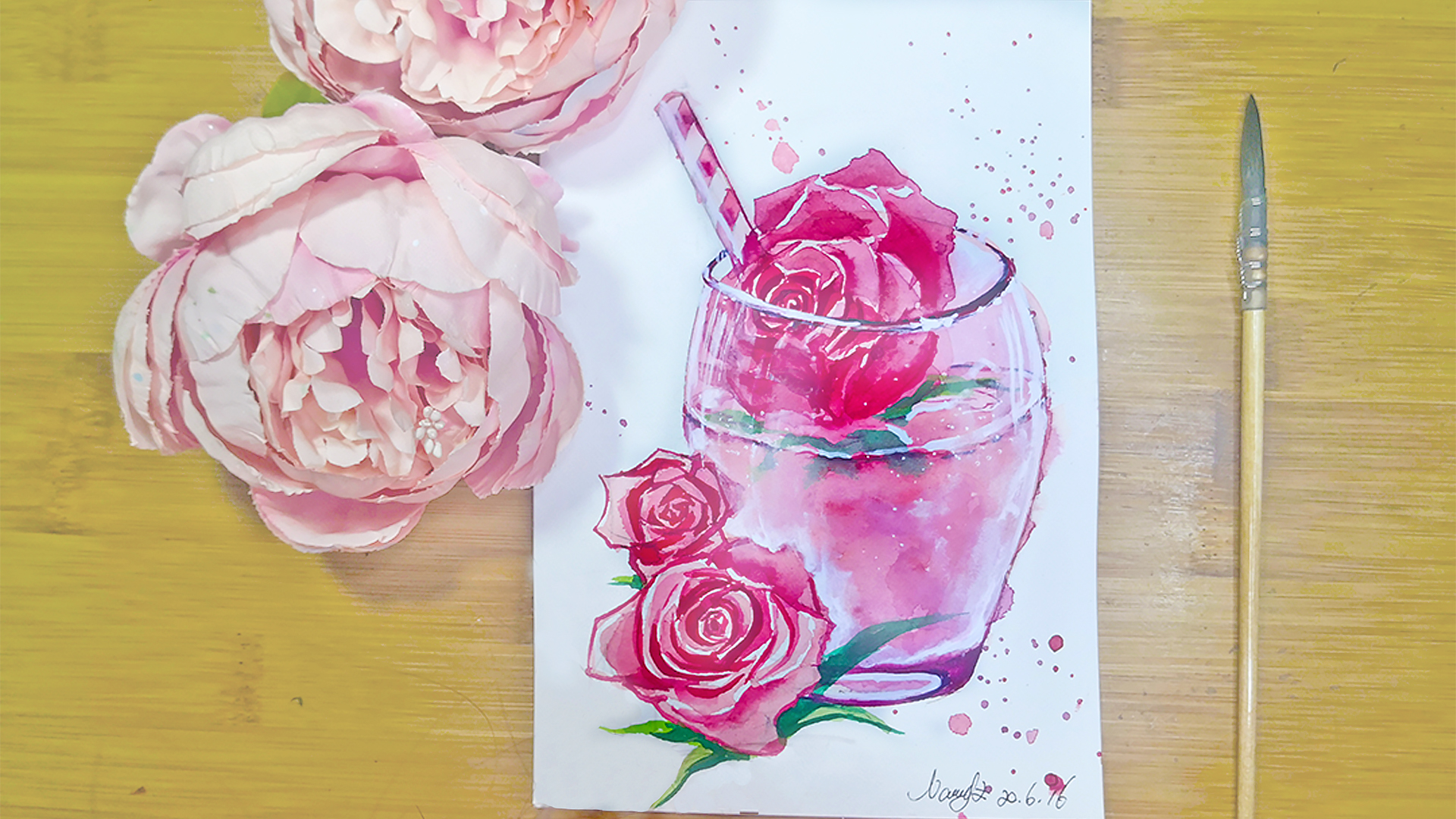 Watercolor Pink Rose drink step by step tutorial for beginner|speed paint