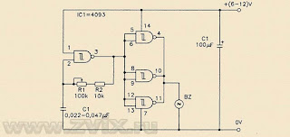 Схема генератора звука на CD4093 На рисунке изображена схема простого генератора звука на микросхеме CD4093