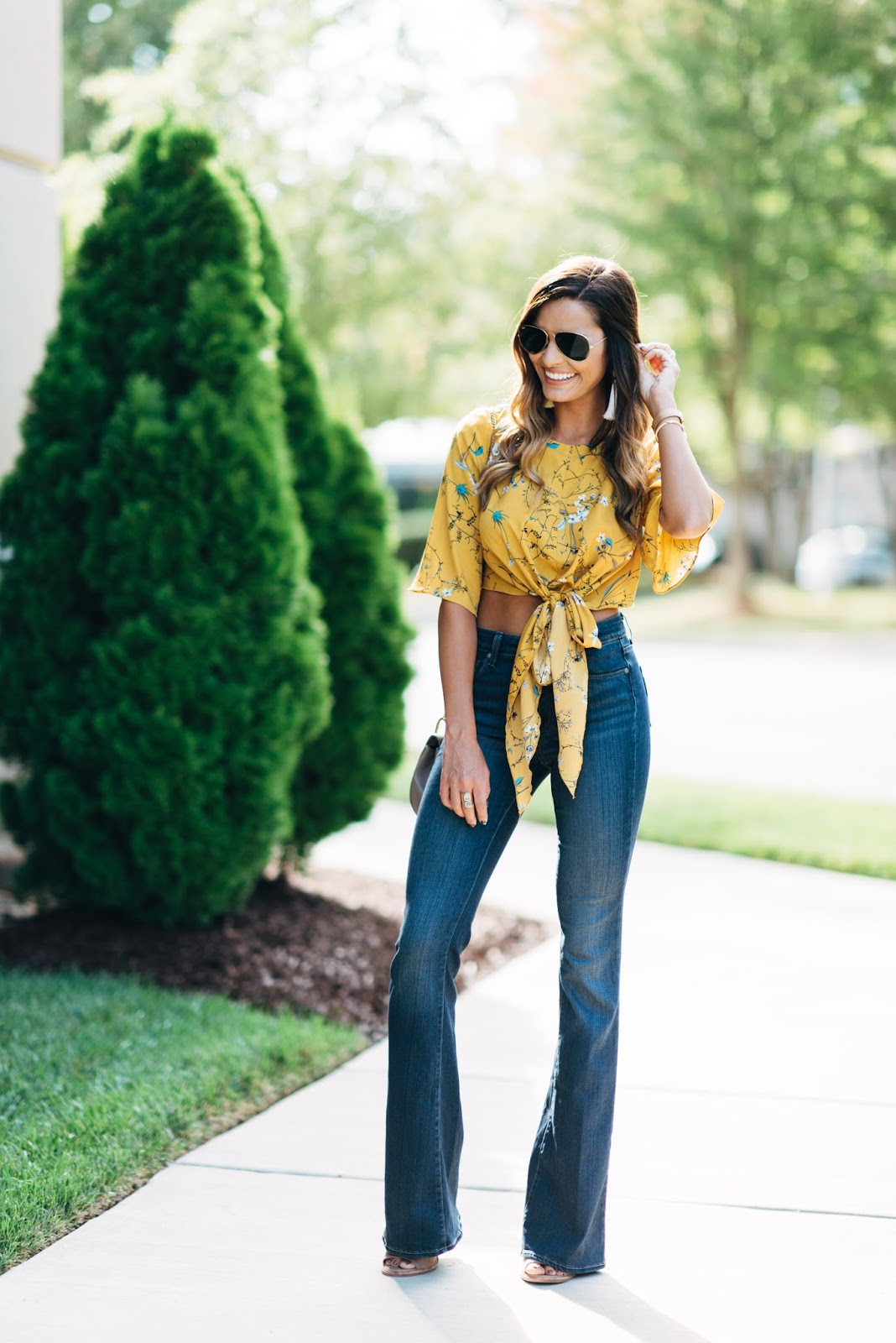 Yellow Crop Top + Flared Jeans