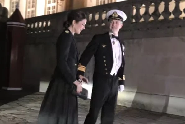 Crown Princess Mary is wearing a tailored jacket honoring the Navy officers. Crown Prince Frederik attended the dinner