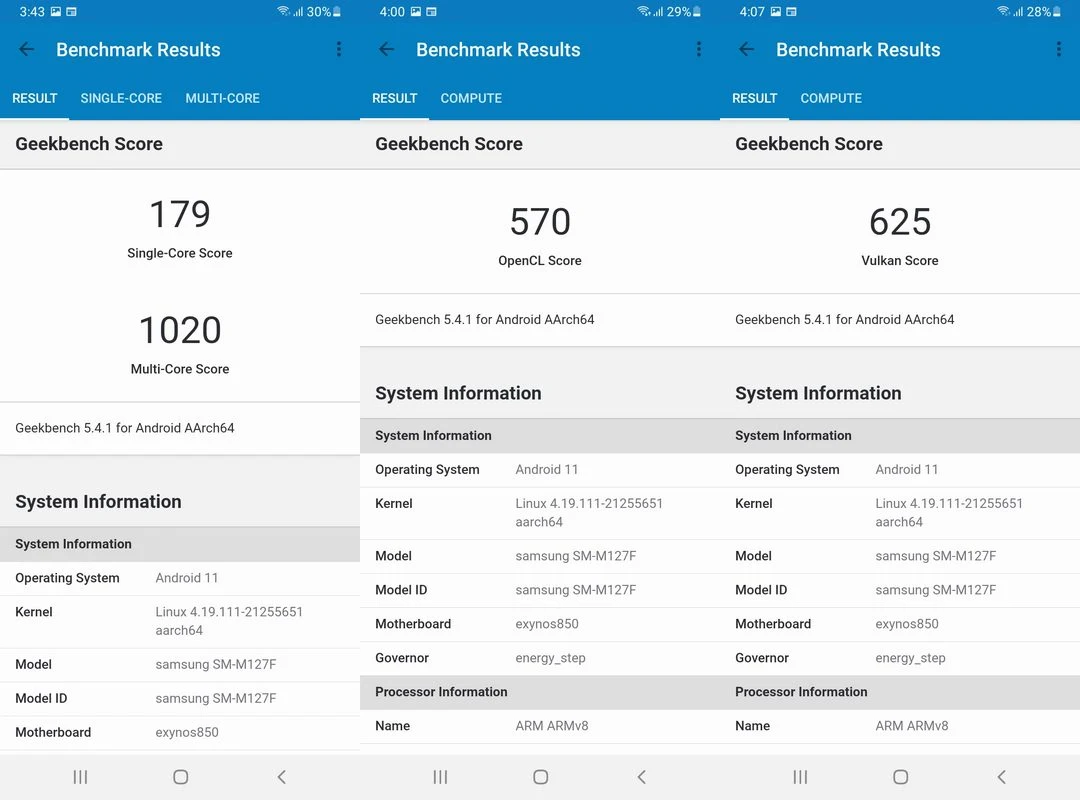 Benchmark Geekbench 5 Samsung Galaxy M12