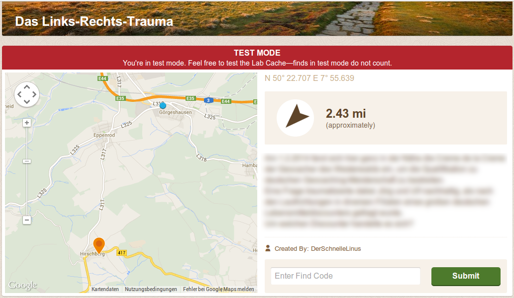 DerSchnelleLinus . Geocaching Blog Lab Caches testweise eine neue Cacheart bei