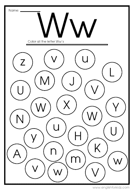 Find letter W worksheet -- printable ESL materials to teach English alphabet