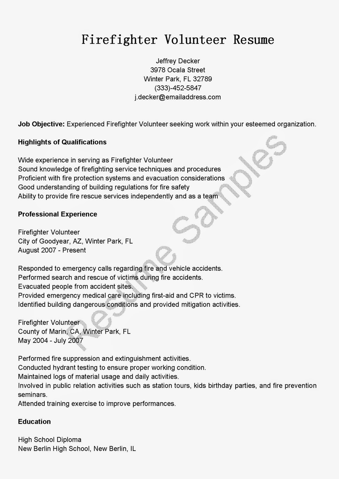 sample resume for volunteer firefighter